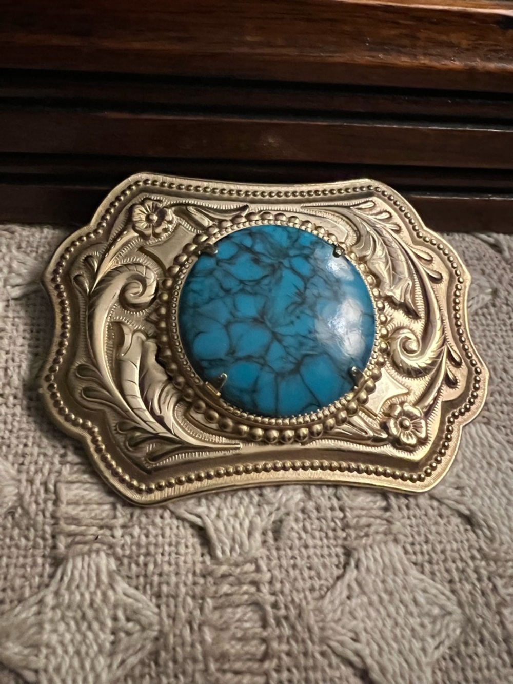 VINTAGE 80s Gold Tone Intricate Foliate Engraving with Turquoise Colored Stone